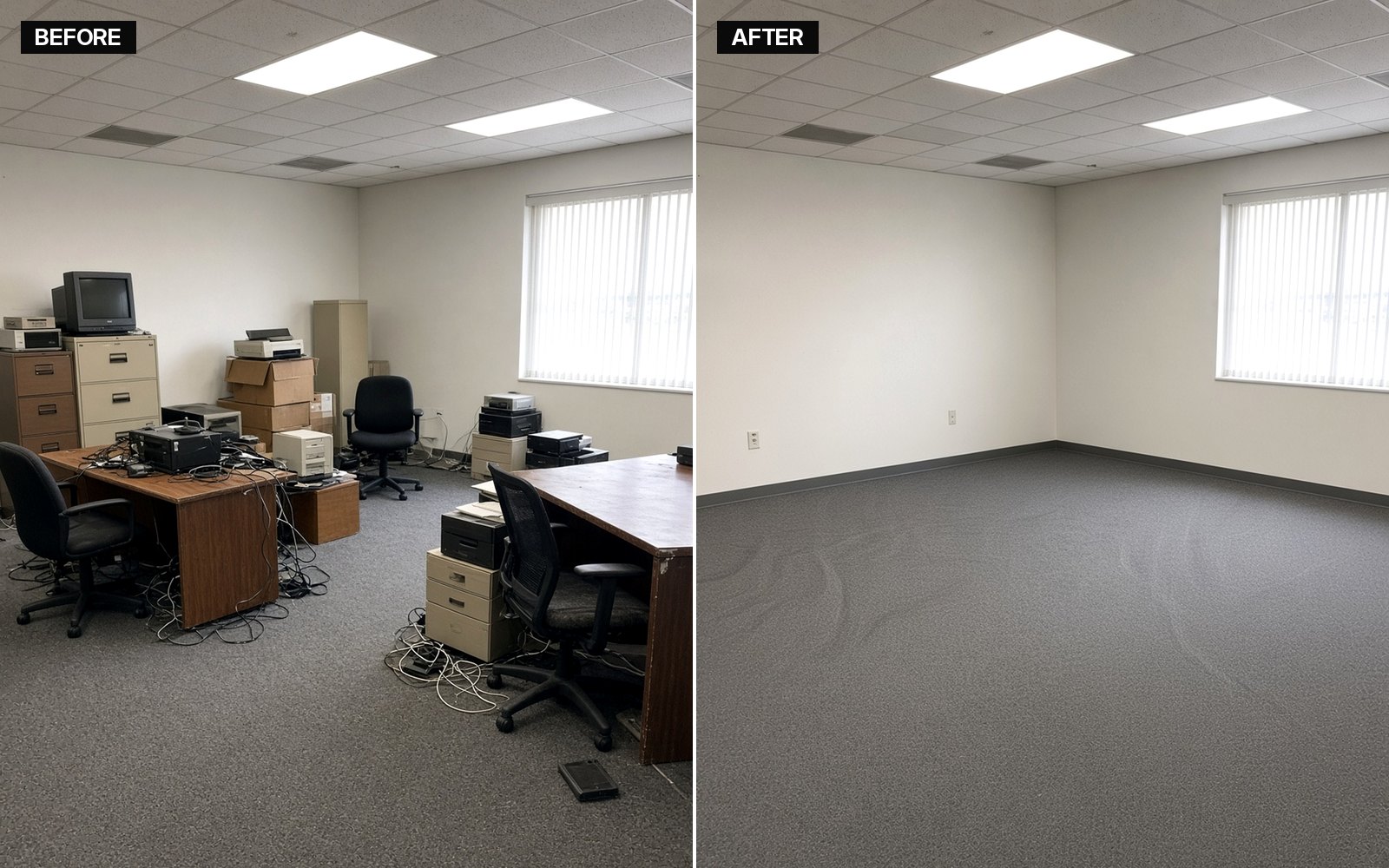 Before and after of an office suite with old desks, chairs, filing cabinets and e-waste, then completely cleared.