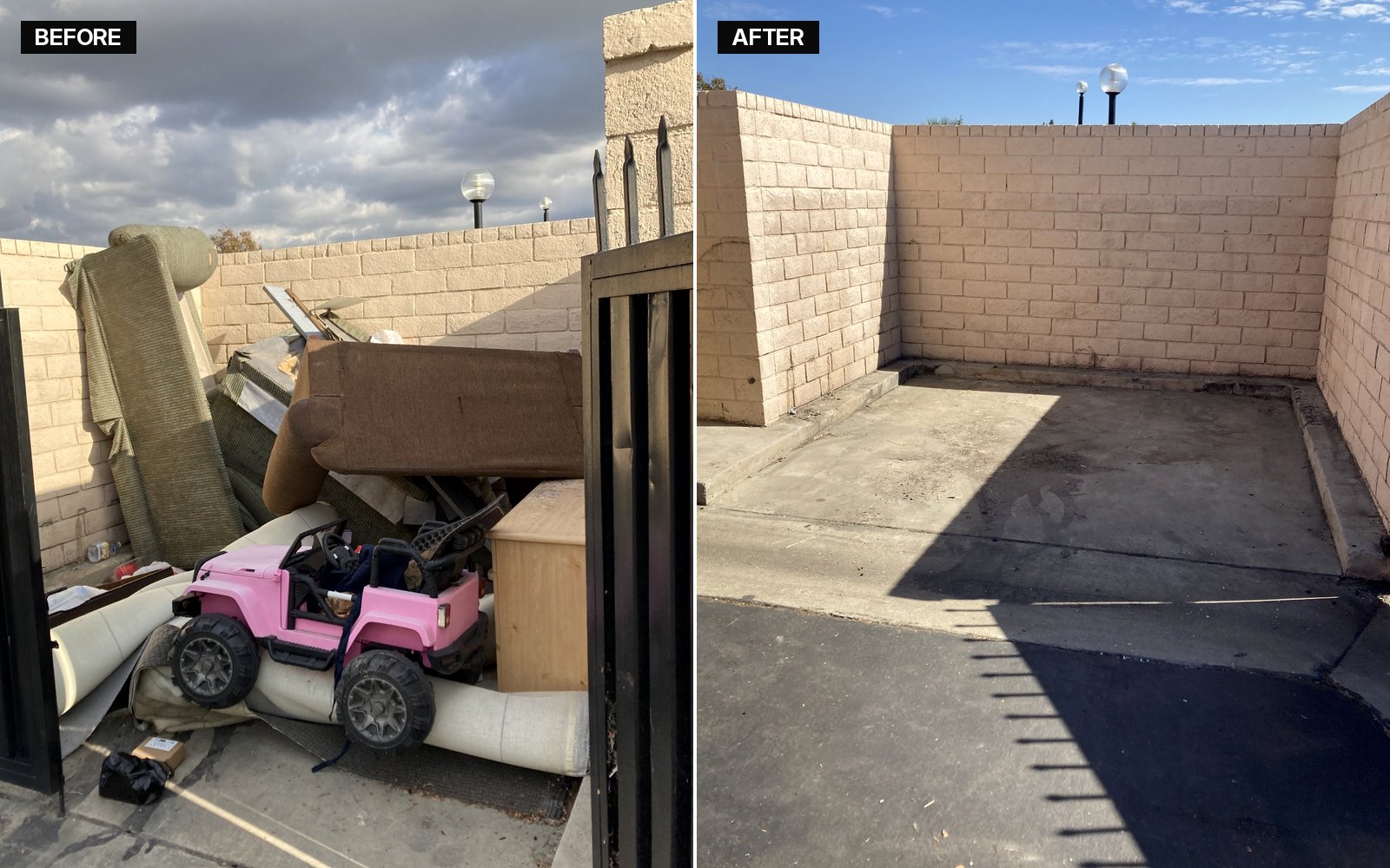 Before and after of a gated HOA trash enclosure piled with furniture, carpet rolls and a kids' ride-on, then completely cleared.