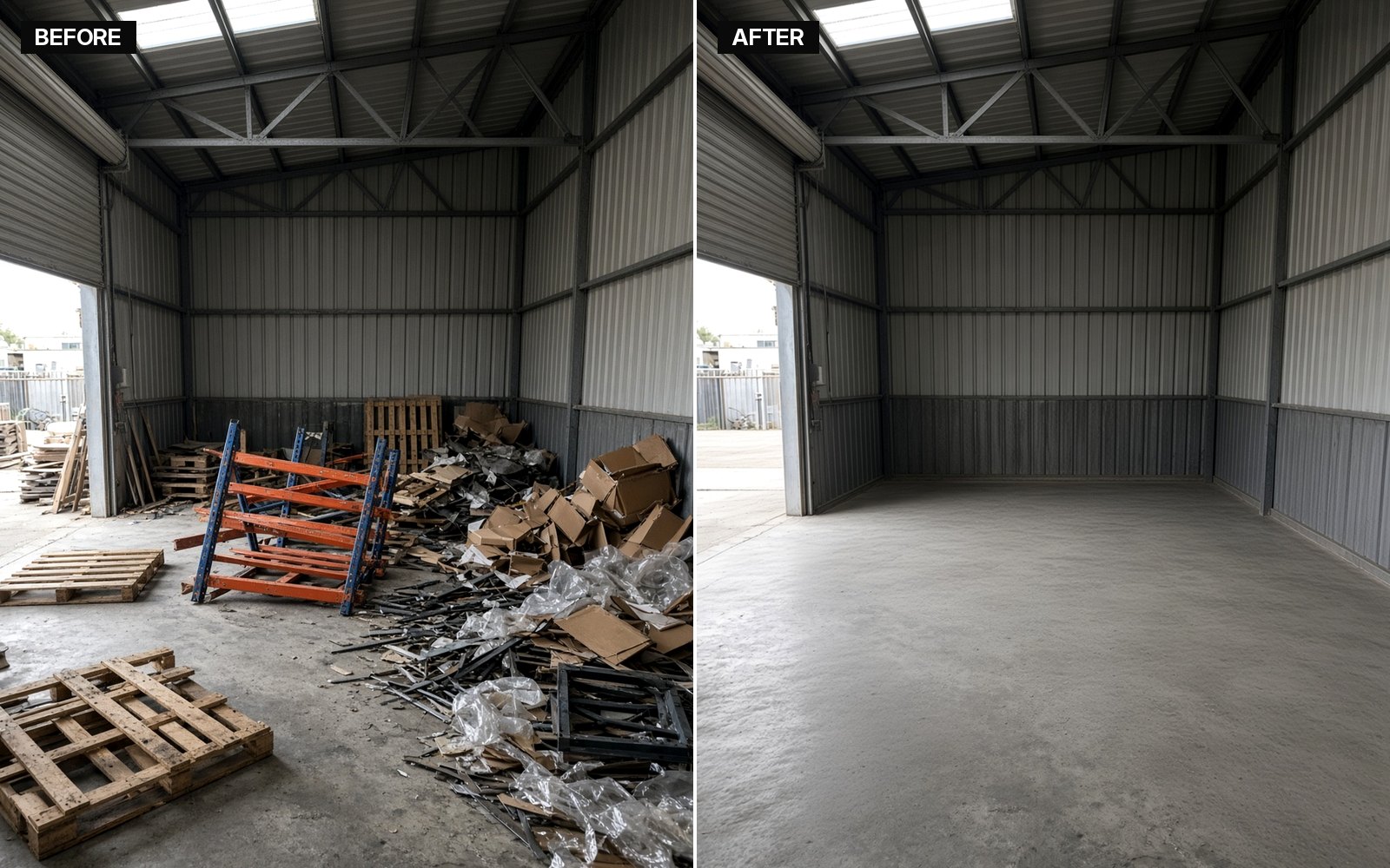 Before and after of a warehouse unit filled with broken pallets, old racking, scrap and boxes, then hauled off.