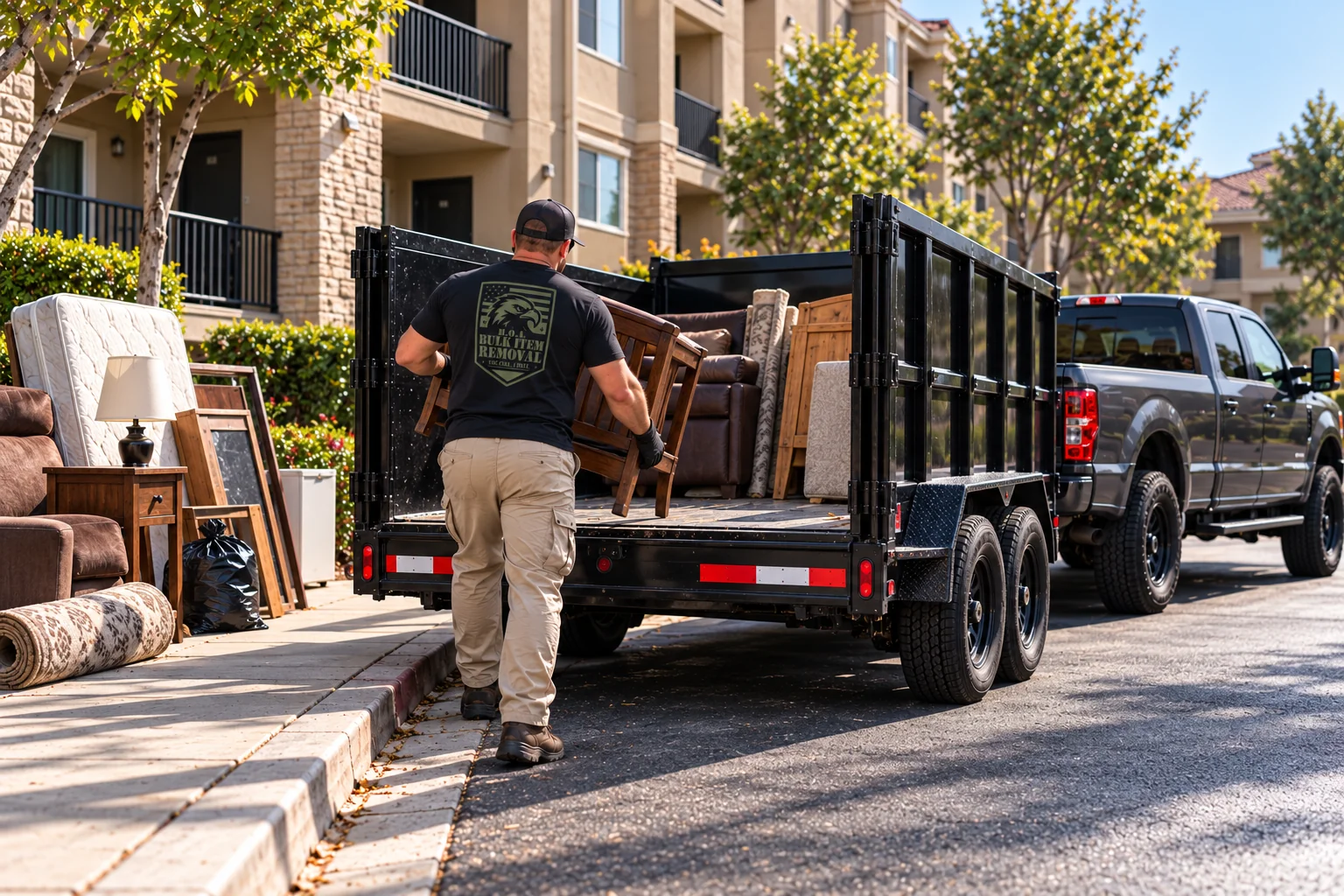Worker carrying a wooden side table toward a black utility trailer loaded with furniture, hitched to a pickup truck at an apartment community.
