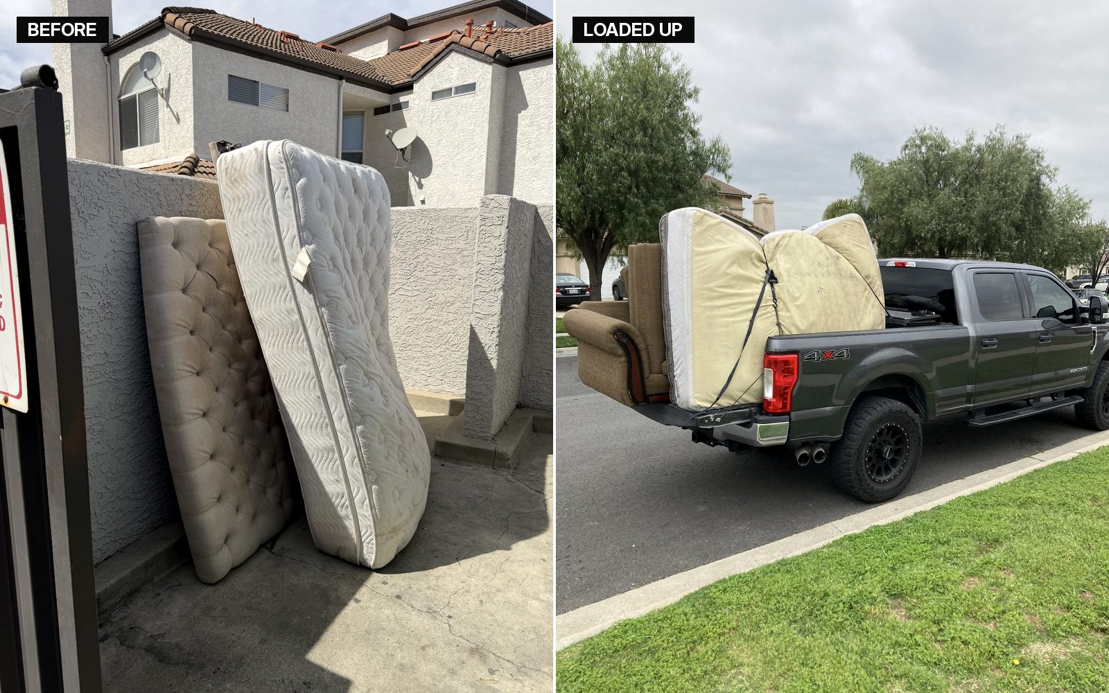 Before and after of mattresses and a couch stacked by a community wall, then loaded, strapped and hauled on a truck bed.