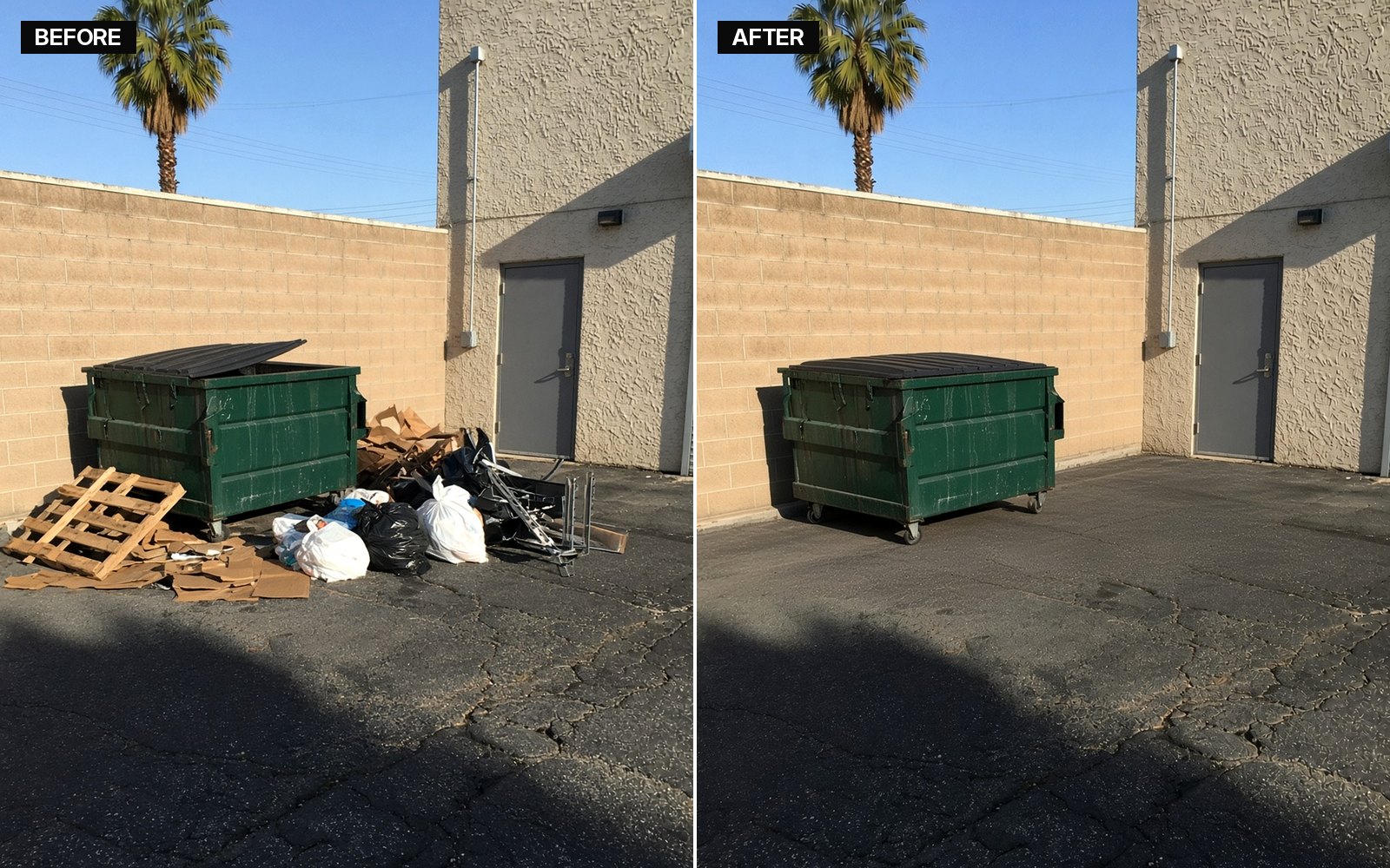Before and after of a store back lot piled with pallets, cardboard, broken shelving and bags, then cleared.