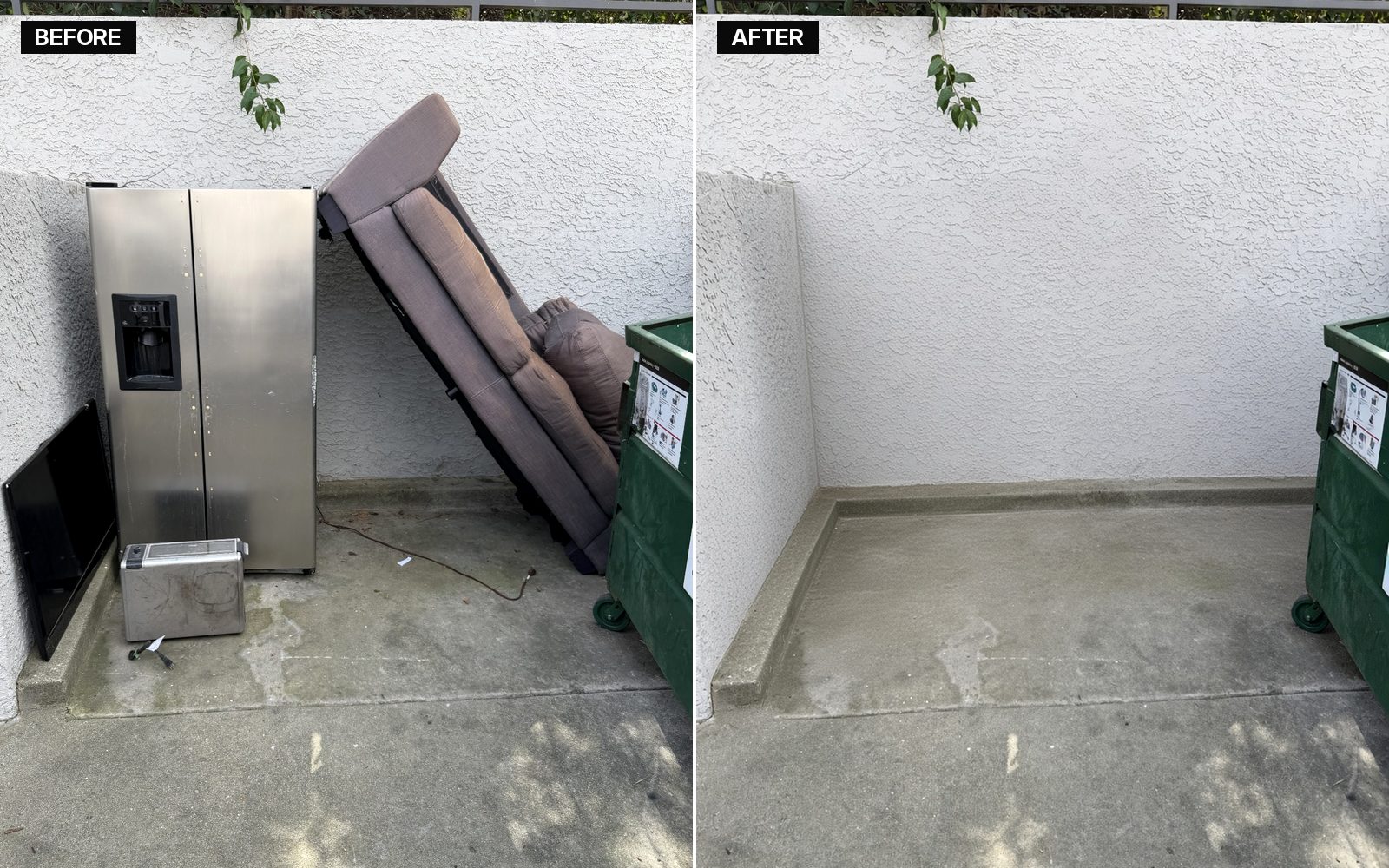 Before and after of a refrigerator, couch, TV and small appliance beside a dumpster, then removed.